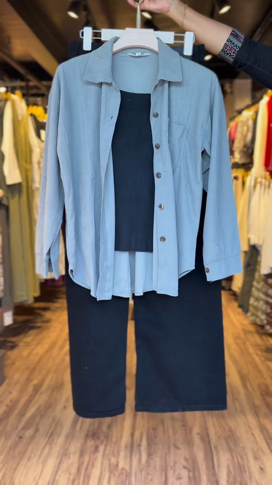 Contemporary Relaxed Co-ord Set in Dusty Blue & Black