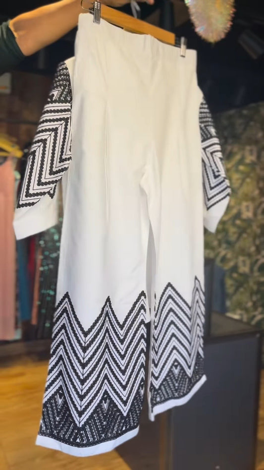 Monochrome Geometric Embroidered Co-ord Set in Crisp White