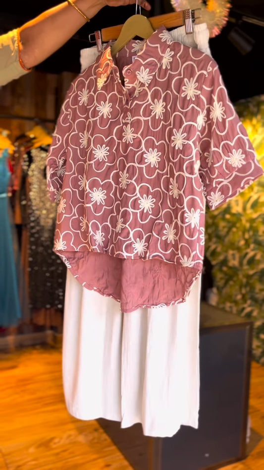 Blush Floral Embroidered Co-ord Set with Button-Detail Trousers