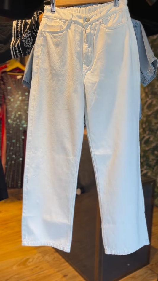 Crystal Embellished Denim Shirt & White Trouser Co-ord Set