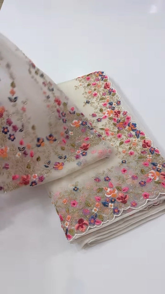 Ivory Organza Floral Embroidered Scalloped Saree