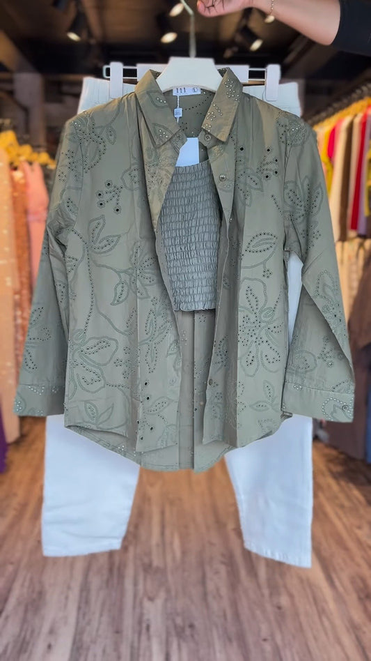 Sage Green Floral Eyelet Co-Ord Set with Cream Trousers – Available in Sage Green & Cream