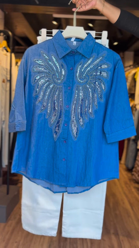 Contemporary Denim Shirt with Intricate Angel Wing Sequins – Available in Blue Shirt & White Trousers