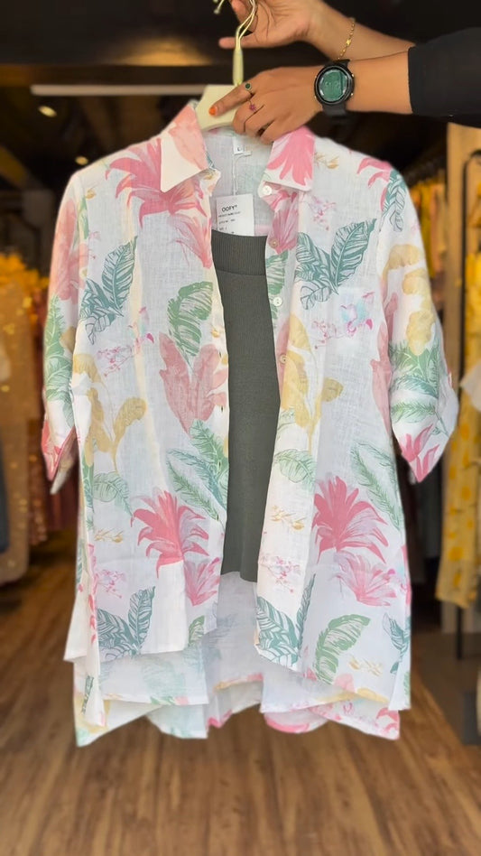 Tropical Botanical Linen Co-ord Set with Inner Tank – Available in Charcoal Grey & Dusty Rose