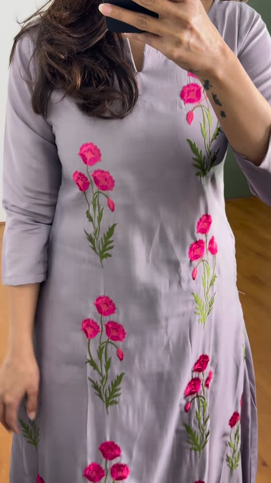 Poppy Motif Embroidered Kurta Set – Available in Lavender & Sage Green