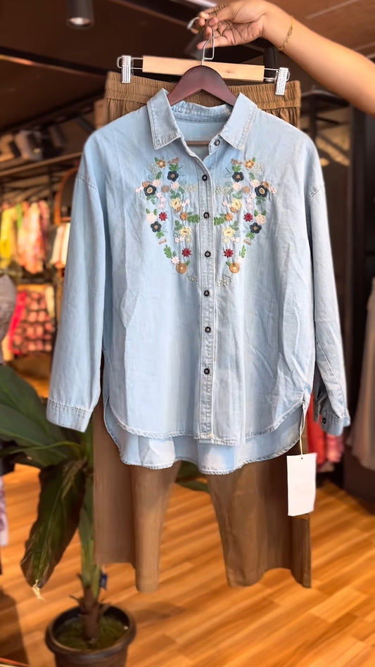 Floral Embroidered Denim Co-ord Set with Utility Pants