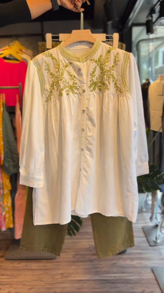 Olive Cargo Trouser & Embroidered White Tunic Co-Ord Set