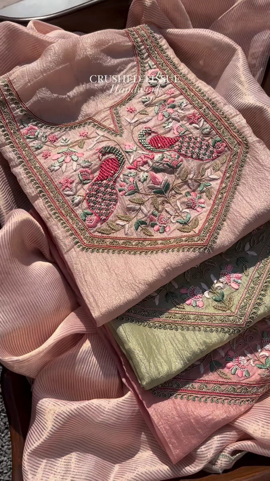 Peacock Embroidered Crushed Tissue Kurta Set – Available in Sage Green & Blush Pink