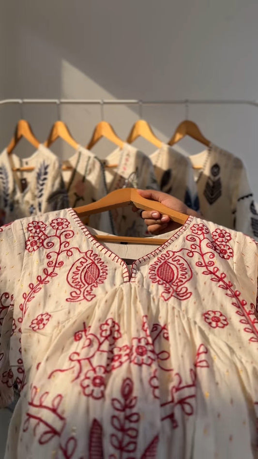 Bohemian Embroidered Tiered Cotton Kurta – Available in Crimson Red & Midnight Black