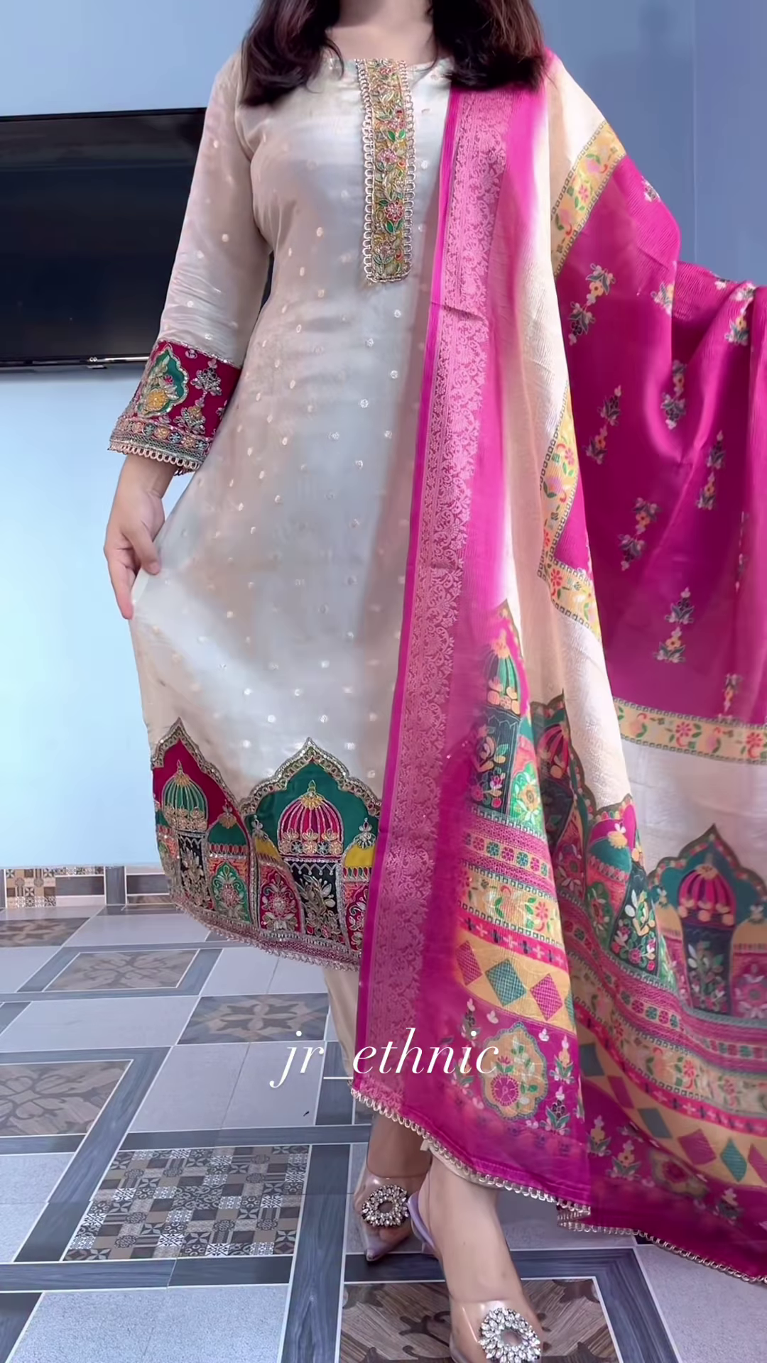 Traditional Silk Blend Suit with Vibrant Pink Embellished Dupatta