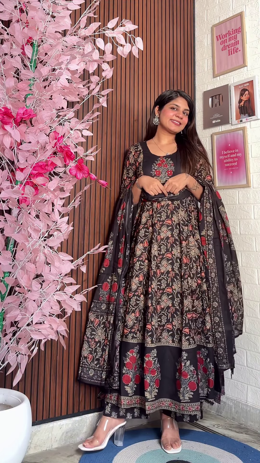 Black Floral Anarkali Set with Traditional Block Print Motifs