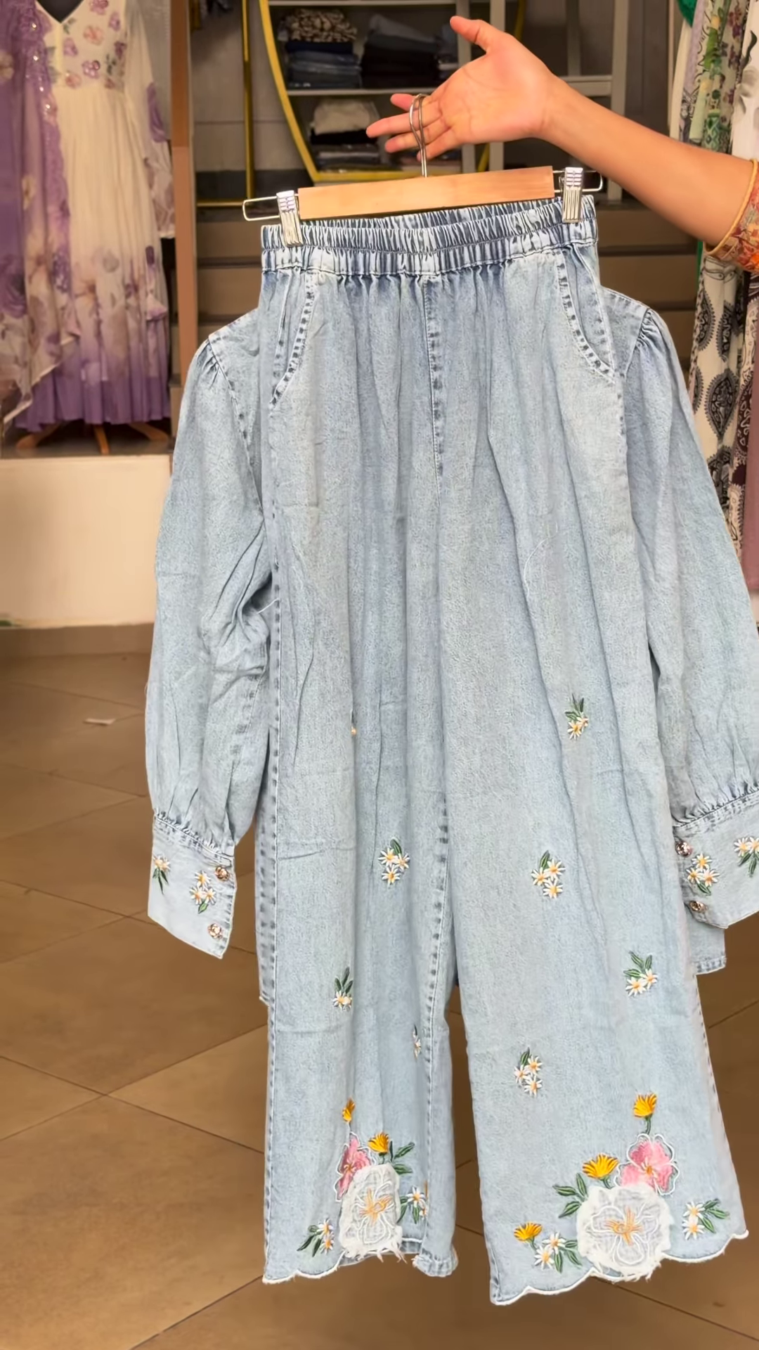 Light-Wash Denim Coordinate Set with Floral Embroidery