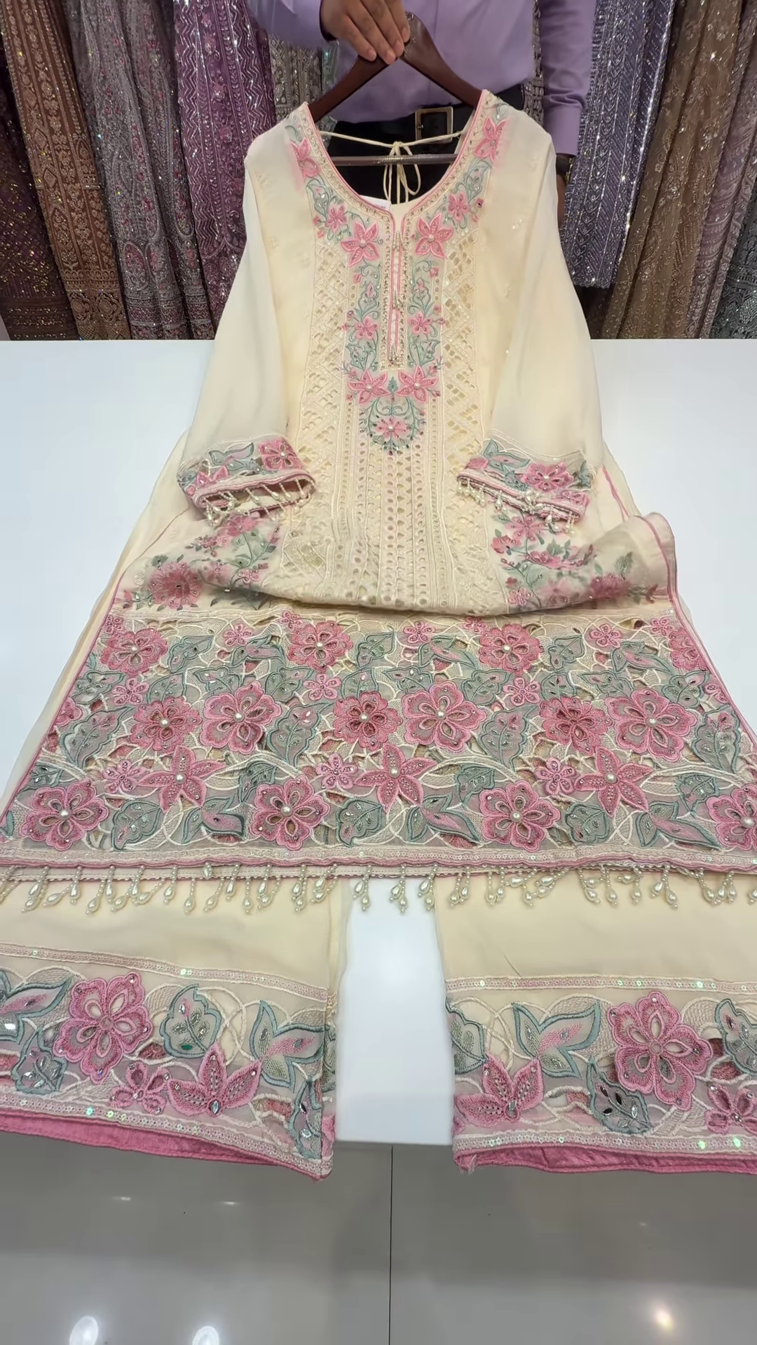 Cream Chiffon Suit with Pink and Sage Floral Cutwork