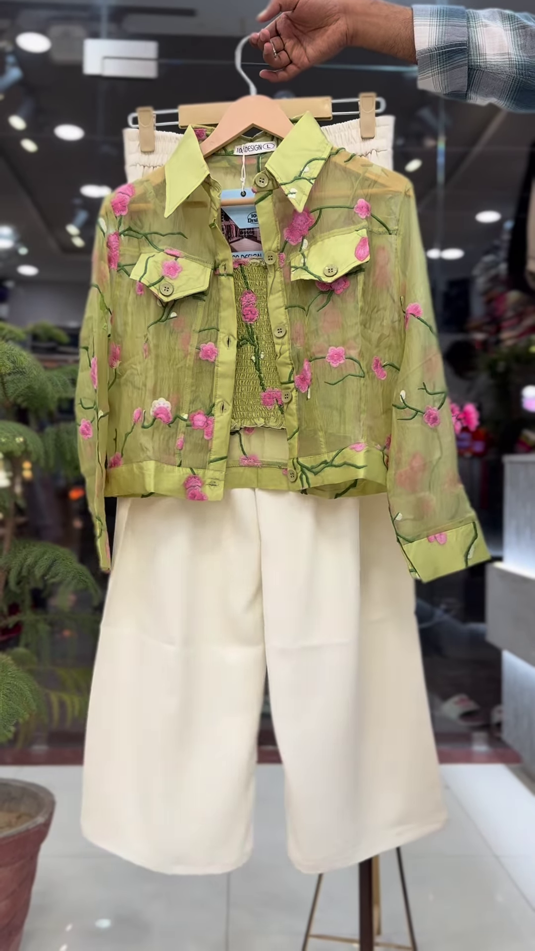 Sheer Pink Floral Embroidered Shirt with White Wide-Leg Trousers