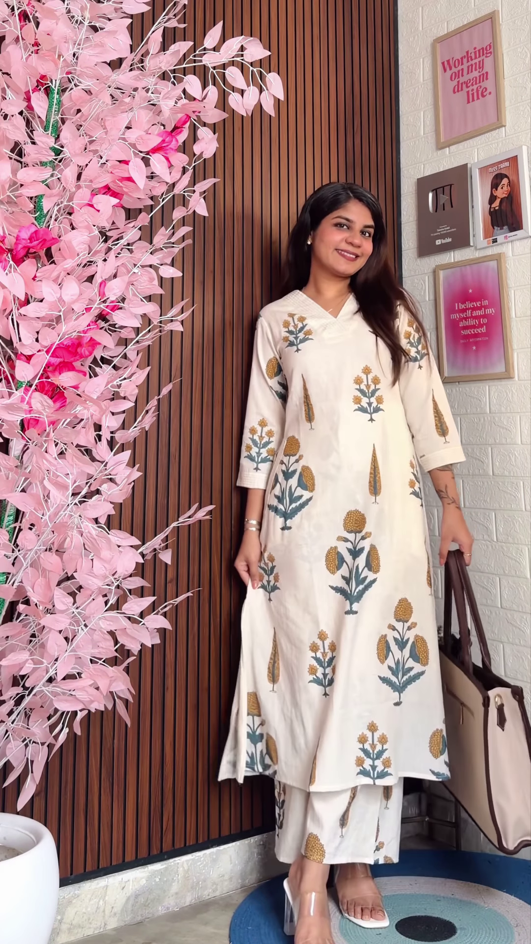 Chocolate Brown Tunic Set with Cream Bow Embroidery