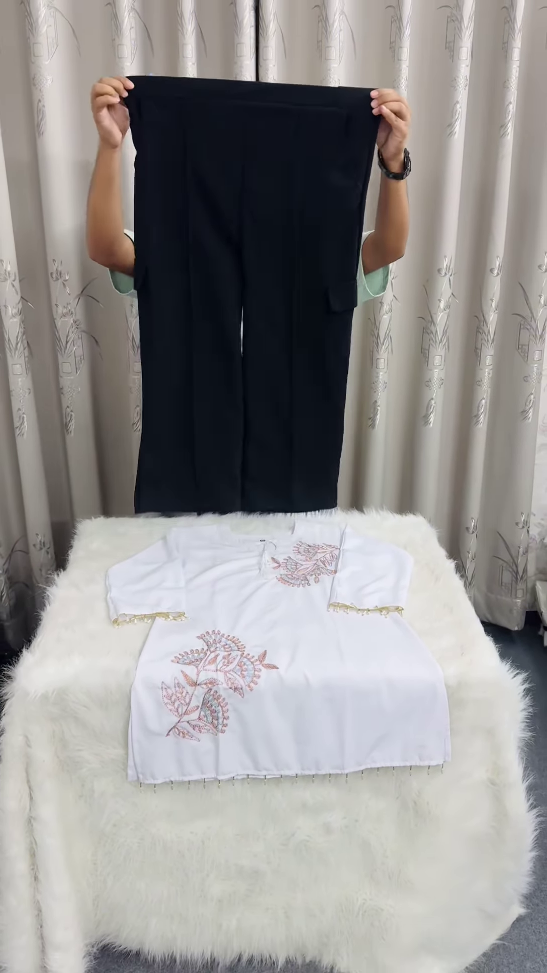 Minimalist White Cotton Tunic with Pastel Floral Embroidery