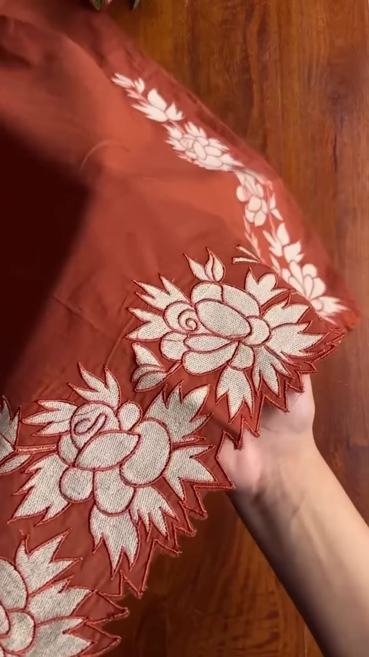 Rust Orange Tunic with Scalloped Floral Cutwork Neckline