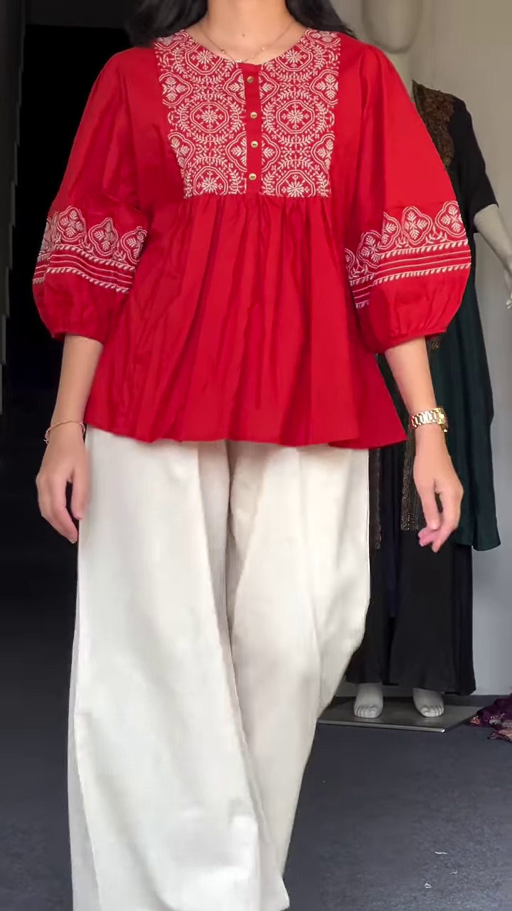 Deep Plum Peplum Tunic with White Geometric Mandala Embroidery