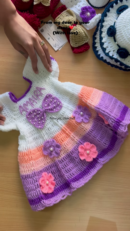 Hand-Crocheted Baby Dress with 3D Floral and Bow Accents