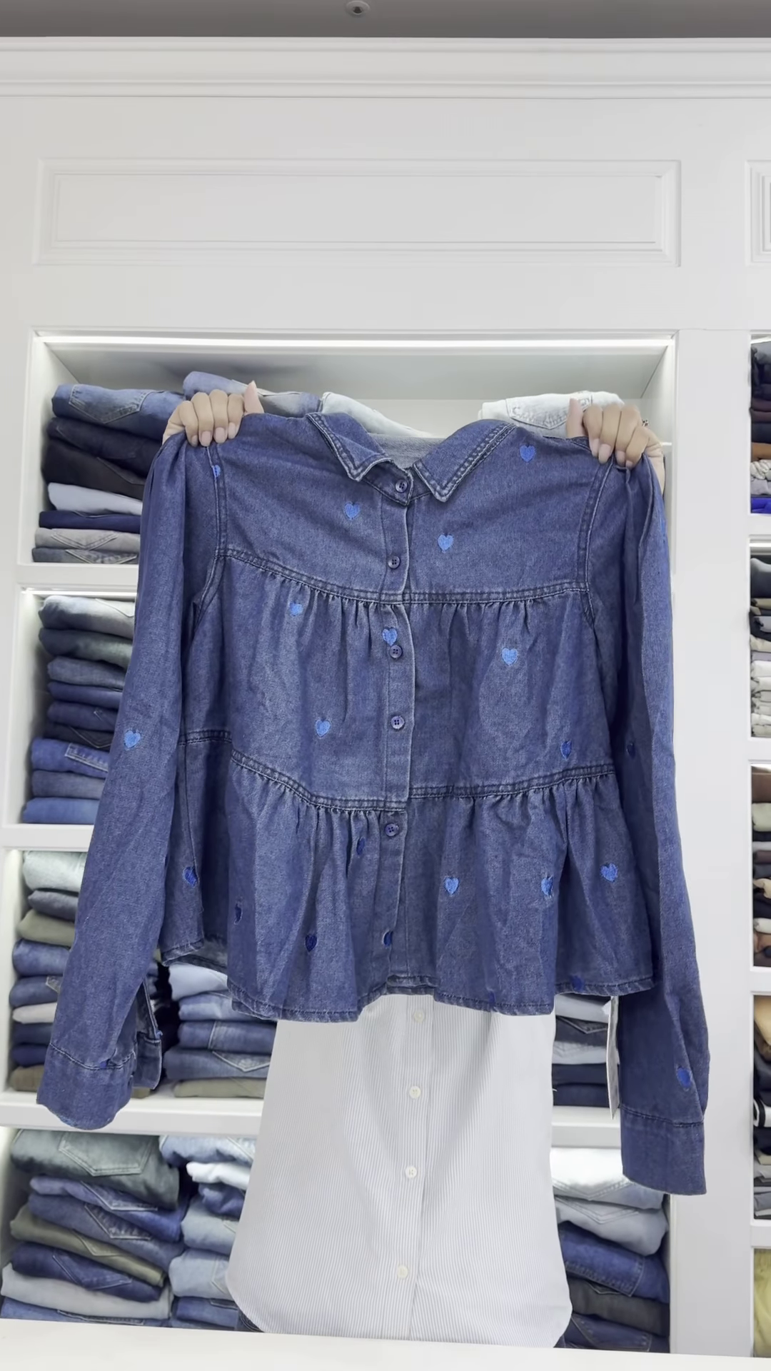 Peplum-Style Heart-Embroidered Denim Shirt