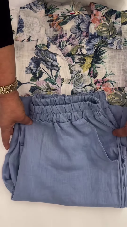 Floral Linen Shirt and Elastic-Waist Trousers Co-ord Set
