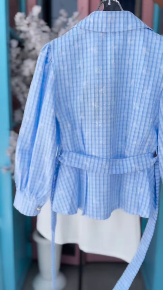 Blue Gingham Puff-Sleeve Shirt and White Trouser Co-ord Set