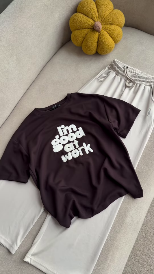 Graphic "I'm Good at Work" T-Shirt and Maroon Lounge Set