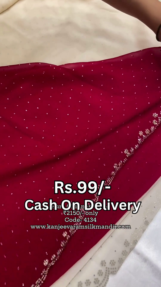 Ivory Starlight Saree with Ruby Velvet Accents