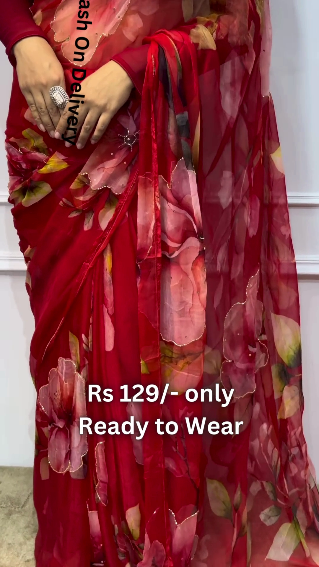 Crimson Bloom Chiffon Saree with Scalloped Gilded Border