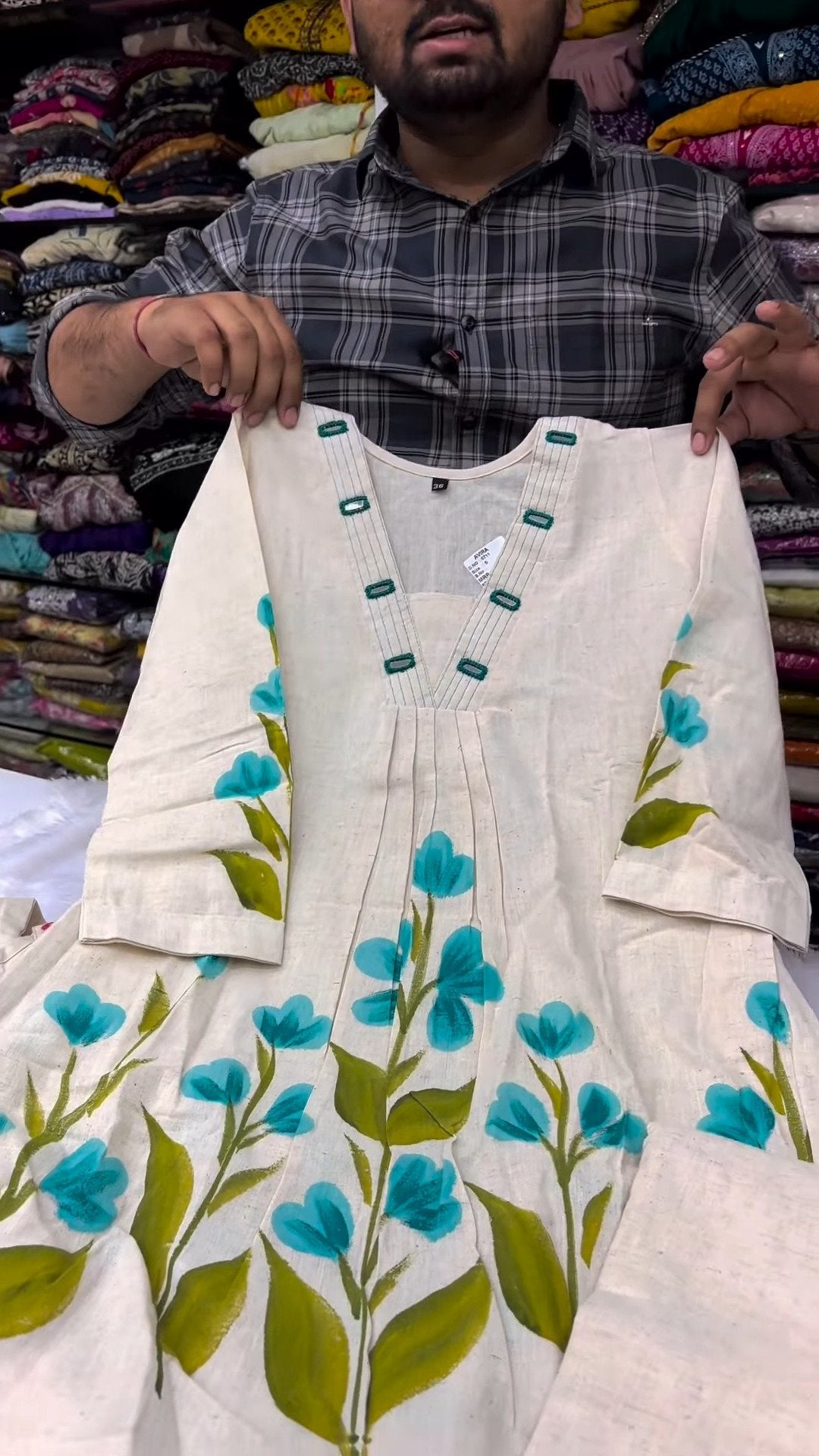 Artisanal Floral Hand-Painted Cotton Kurta Set – Available in Pink & Teal