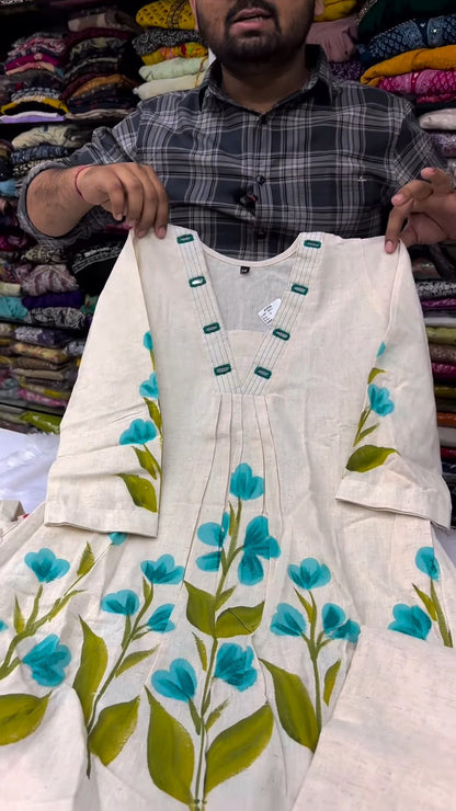 Artisanal Floral Hand-Painted Cotton Kurta Set – Available in Pink & Teal