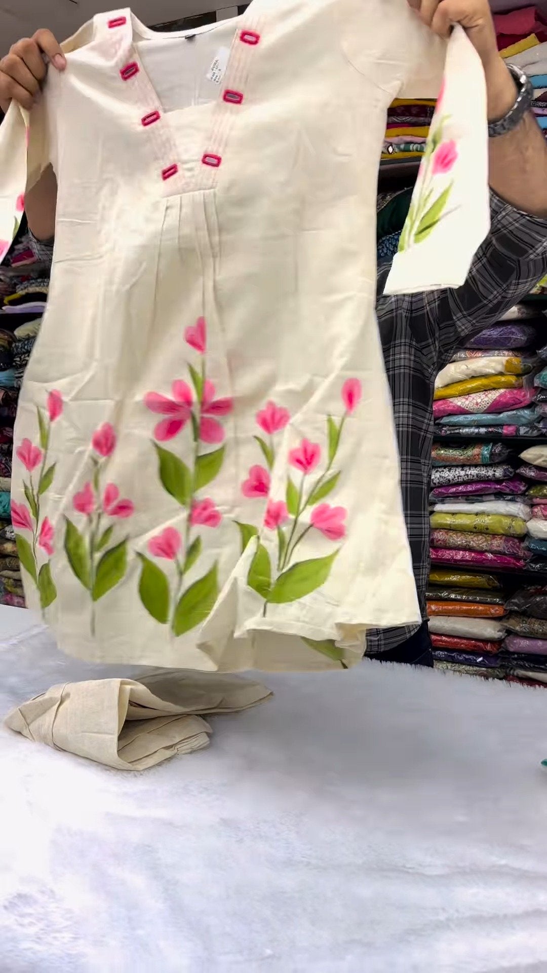 Artisanal Floral Hand-Painted Cotton Kurta Set – Available in Pink & Teal