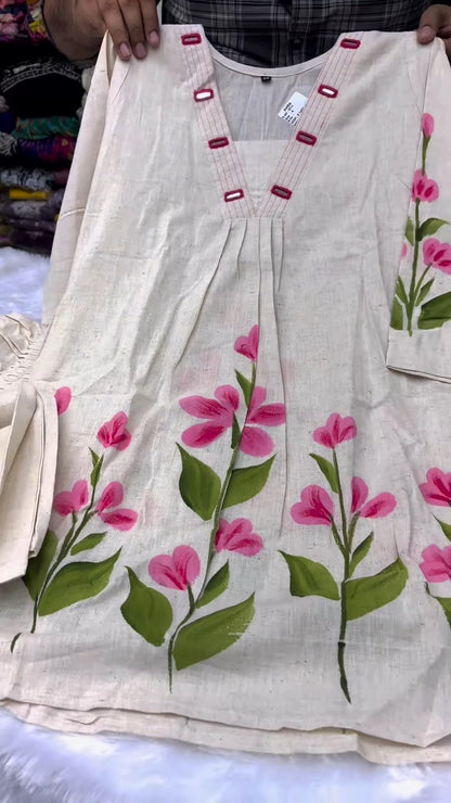 Artisanal Floral Hand-Painted Cotton Kurta Set – Available in Pink & Teal