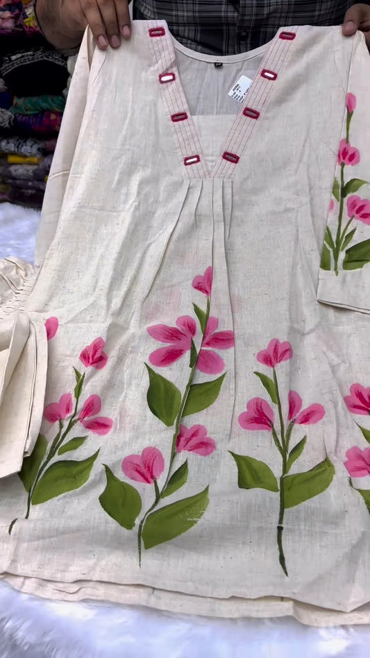 Artisanal Floral Hand-Painted Cotton Kurta Set – Available in Pink & Teal