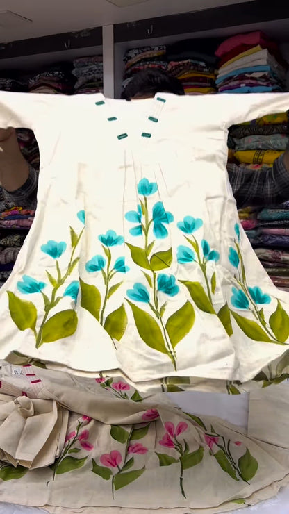 Artisanal Floral Hand-Painted Cotton Kurta Set – Available in Pink & Teal