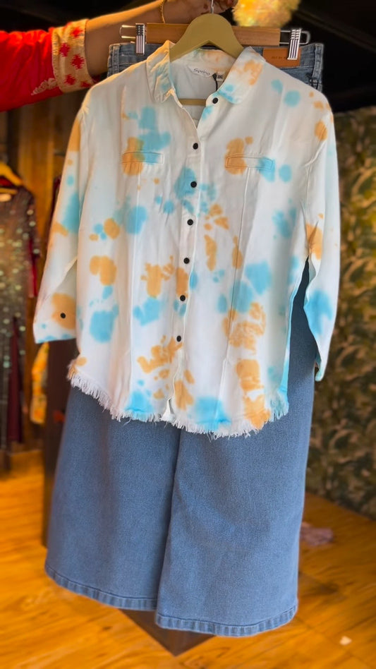 Abstract Tie-Dye Frayed Hem Shirt with Wide-Leg Denim Trousers Set
