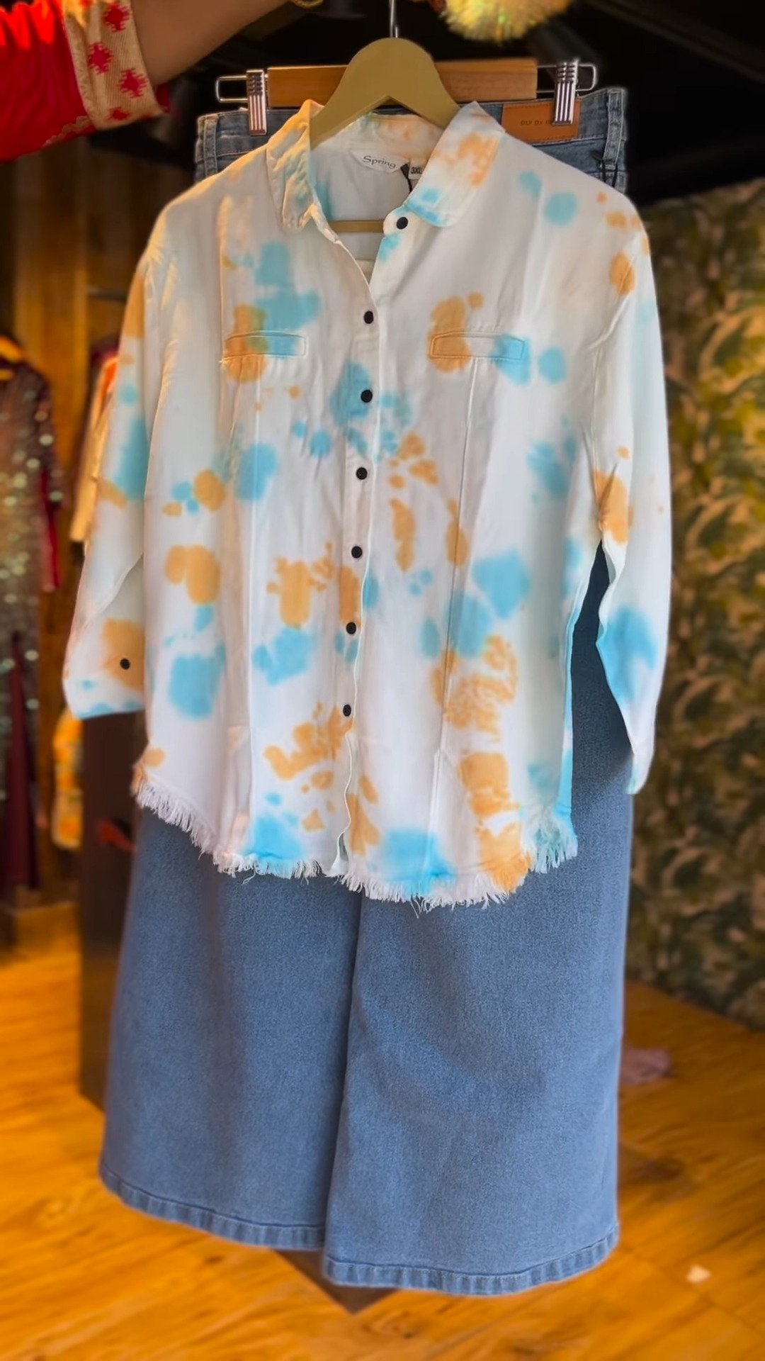 Abstract Tie-Dye Frayed Hem Shirt with Wide-Leg Denim Trousers Set