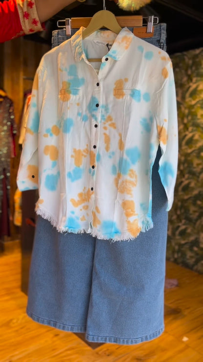 Abstract Tie-Dye Frayed Hem Shirt with Wide-Leg Denim Trousers Set
