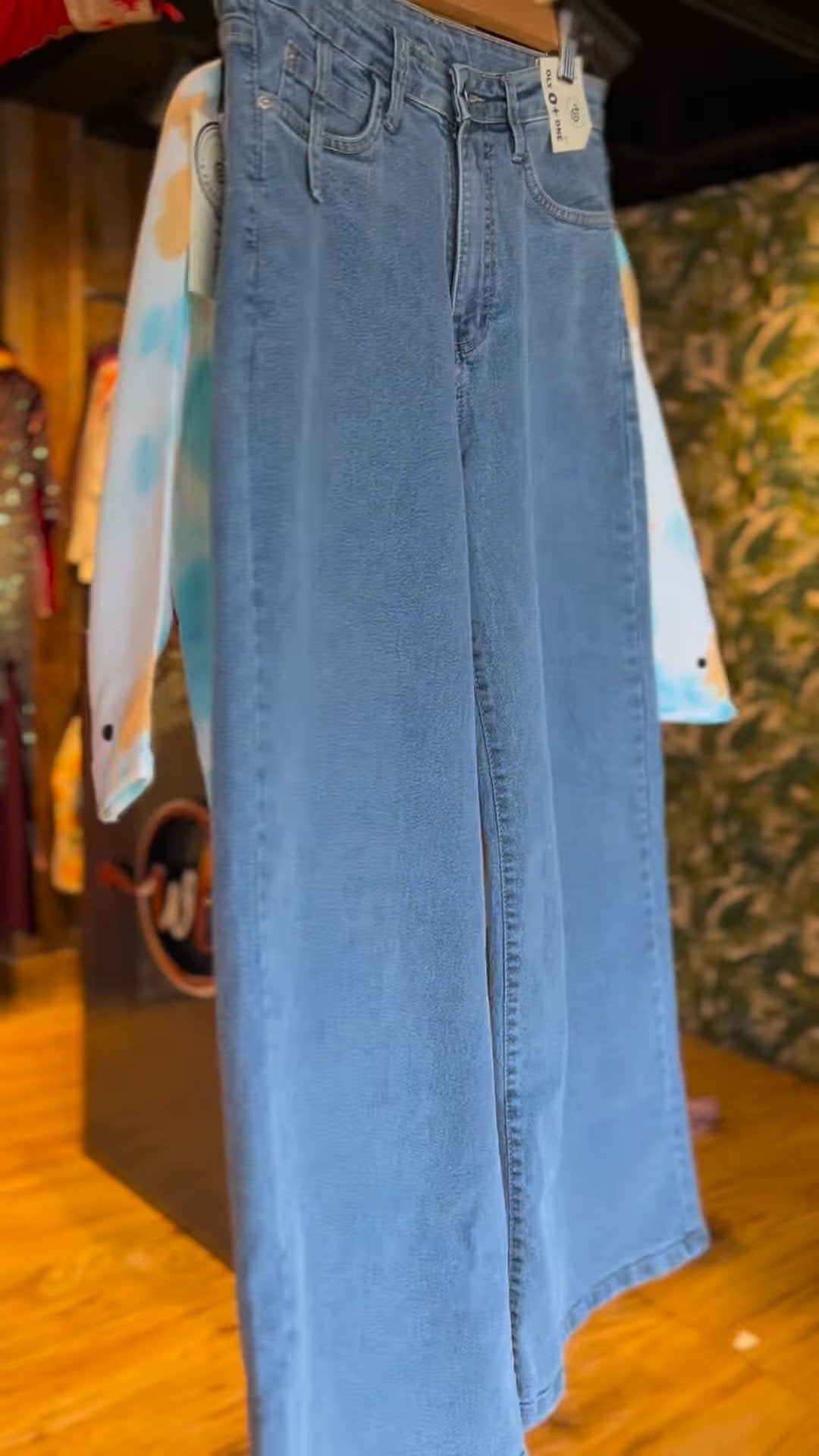 Abstract Tie-Dye Frayed Hem Shirt with Wide-Leg Denim Trousers Set