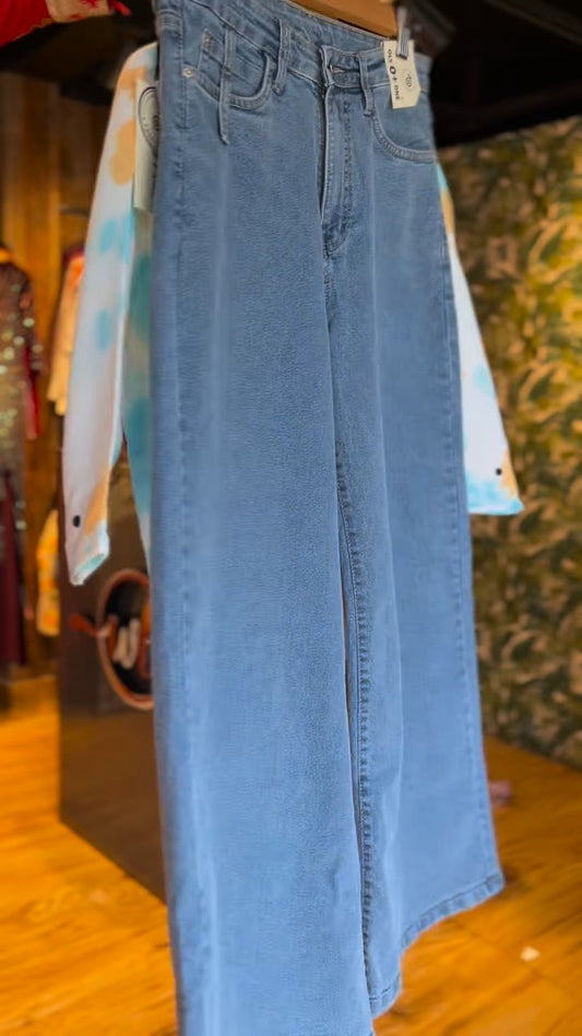 Abstract Tie-Dye Frayed Hem Shirt with Wide-Leg Denim Trousers Set
