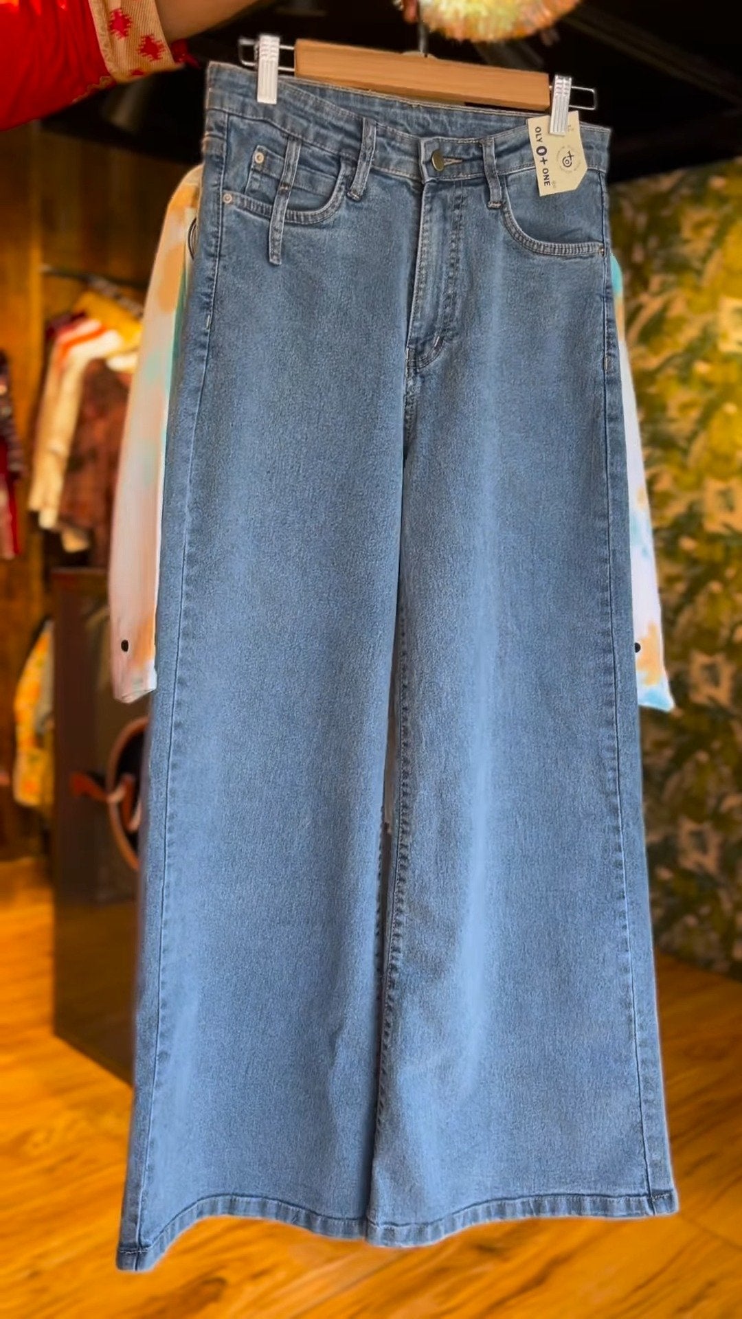 Abstract Tie-Dye Frayed Hem Shirt with Wide-Leg Denim Trousers Set