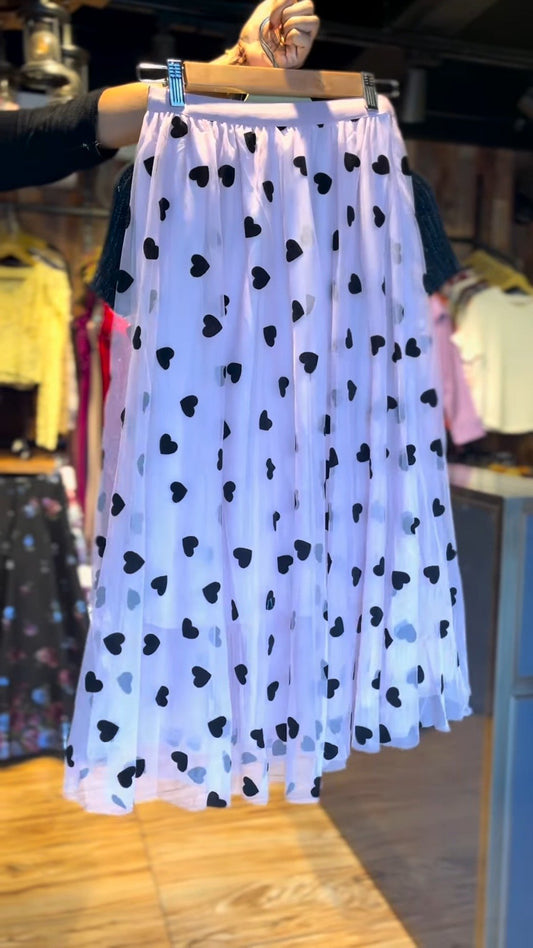 Enchanting Heart-Print Tulle Skirt & Shimmer Top Co-ord Set – Available in Black & Pastel Pink
