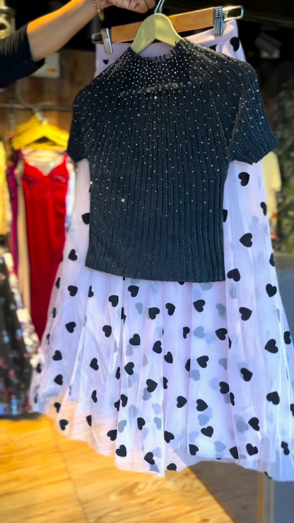 Enchanting Heart-Print Tulle Skirt & Shimmer Top Co-ord Set – Available in Black & Pastel Pink