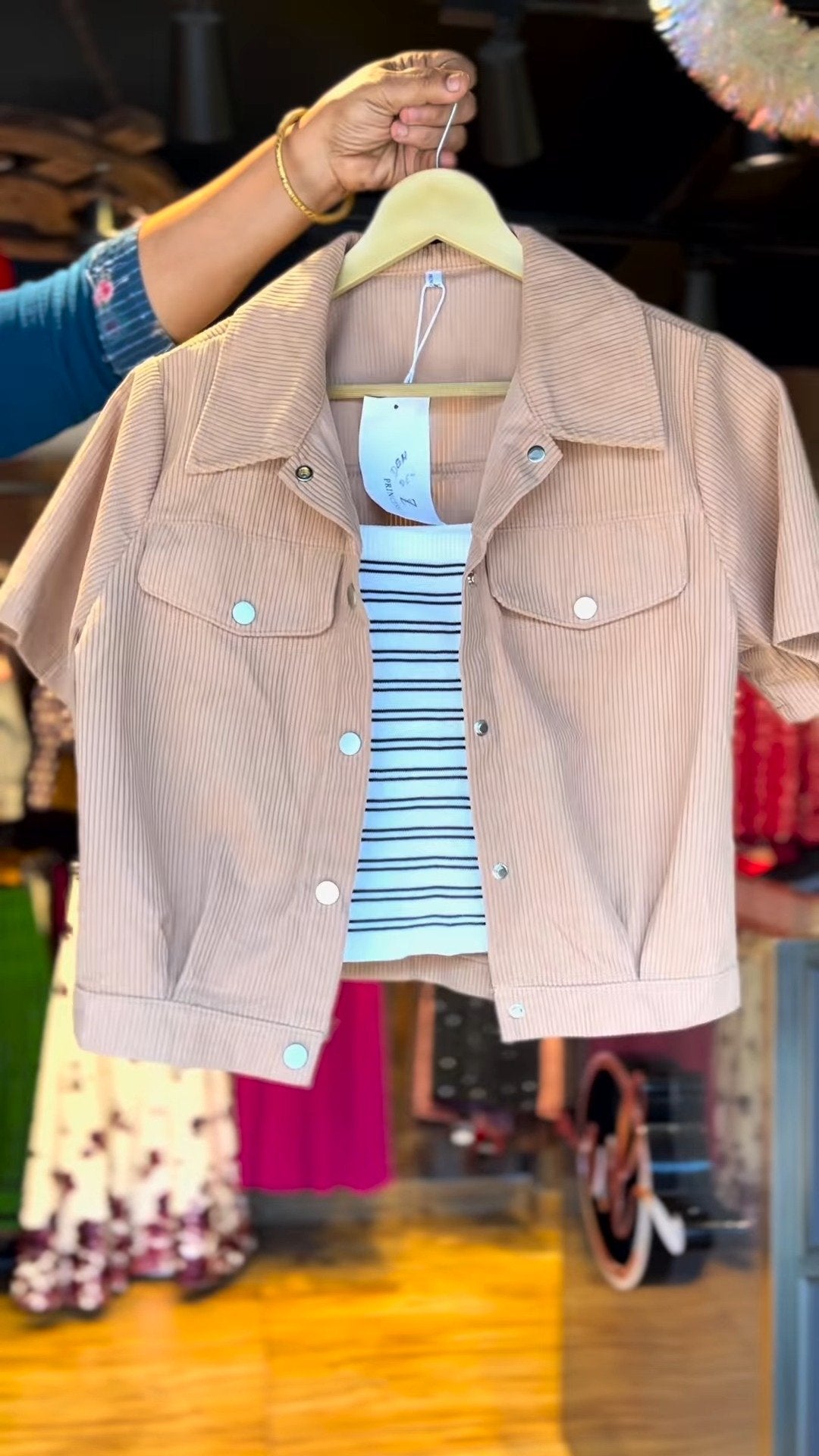 Chic Corduroy Shacket & Striped Layering Set – Available in Cream, Pastel Pink & Warm Beige