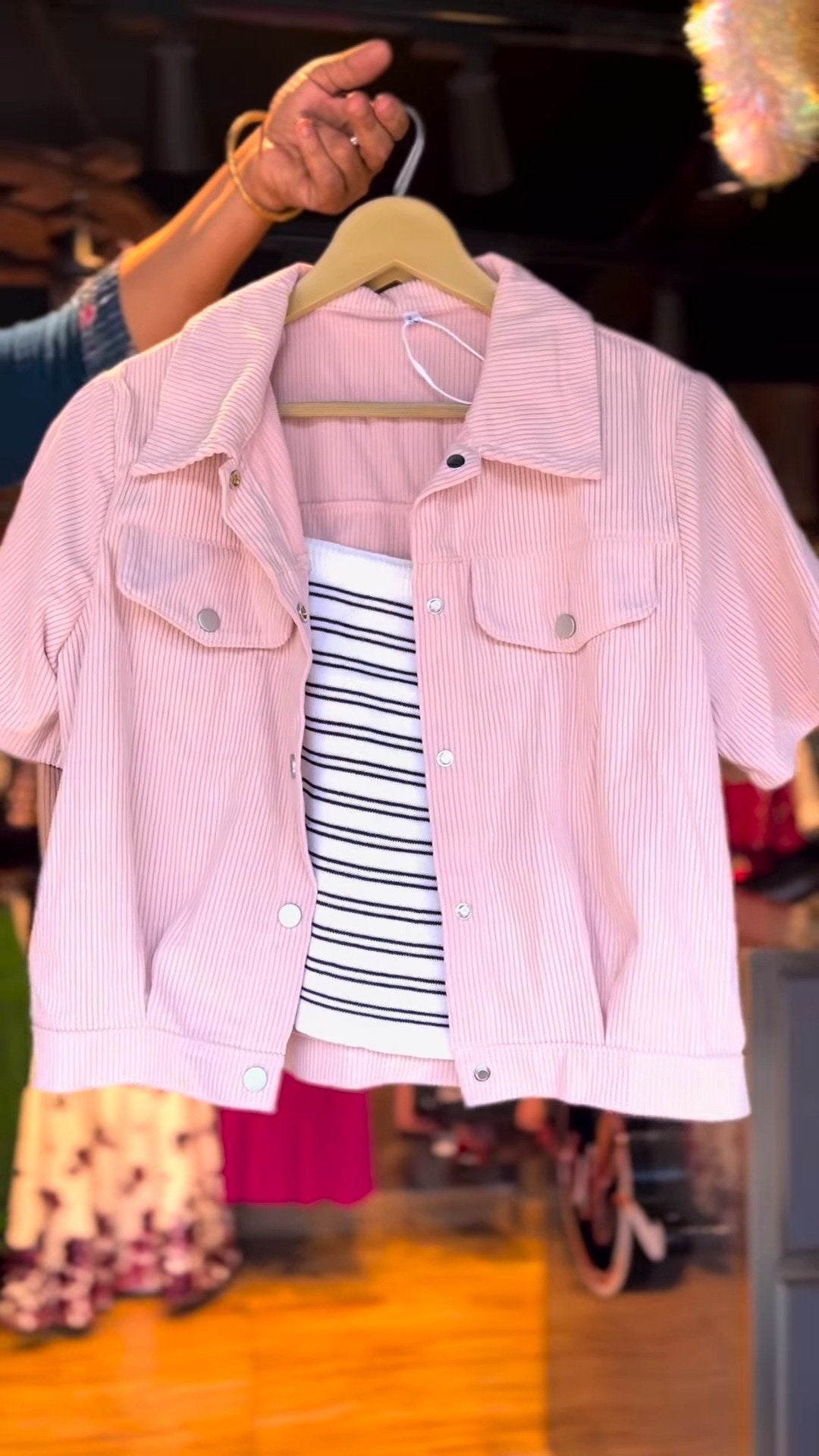 Chic Corduroy Shacket & Striped Layering Set – Available in Cream, Pastel Pink & Warm Beige