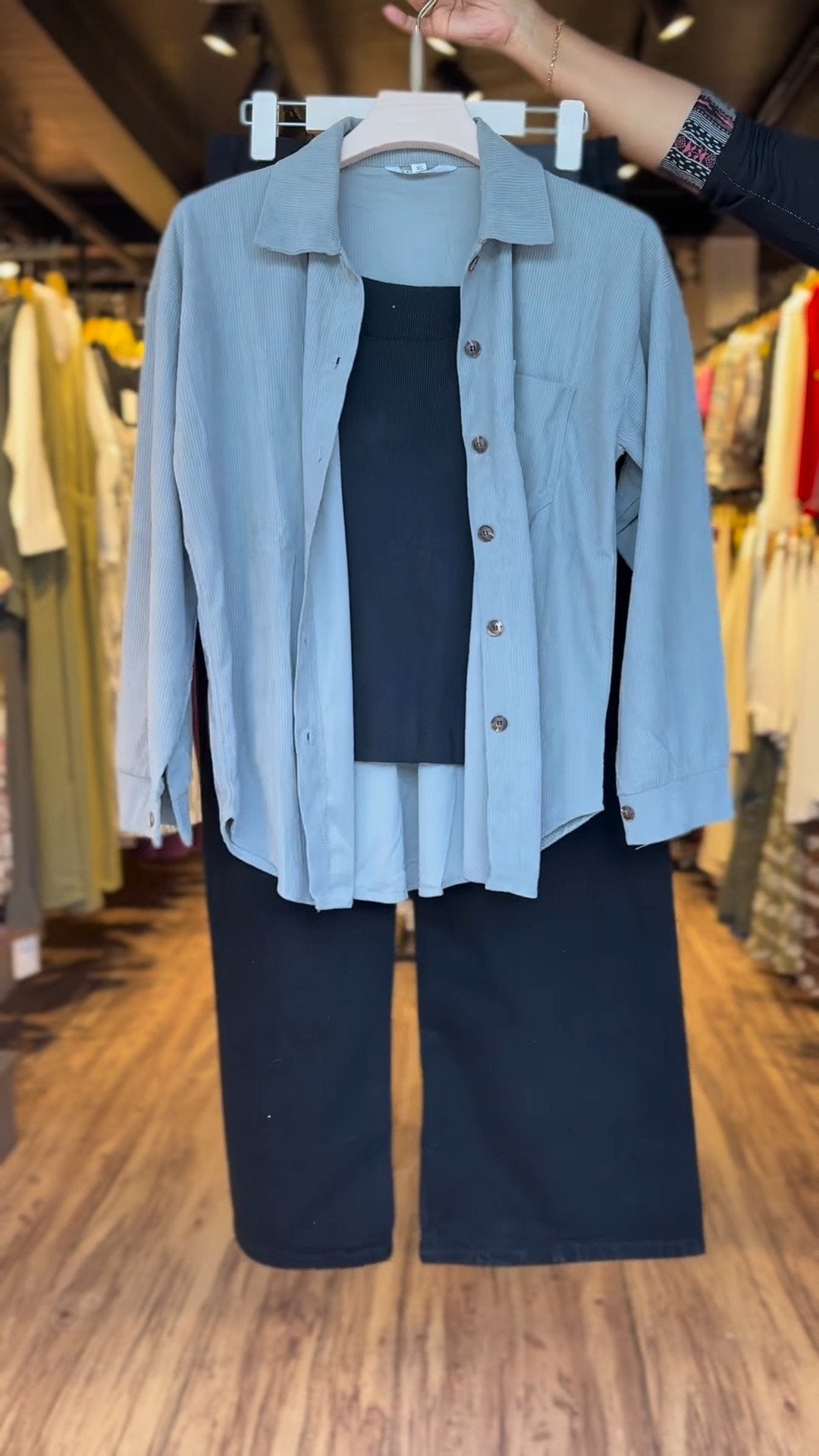 Contemporary Relaxed Co-ord Set in Dusty Blue & Black