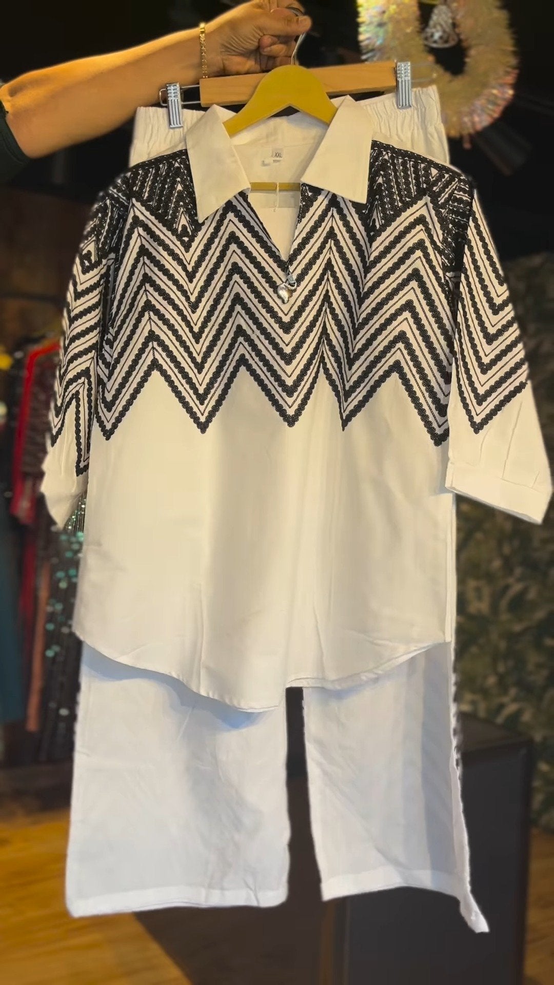 Monochrome Geometric Embroidered Co-ord Set in Crisp White