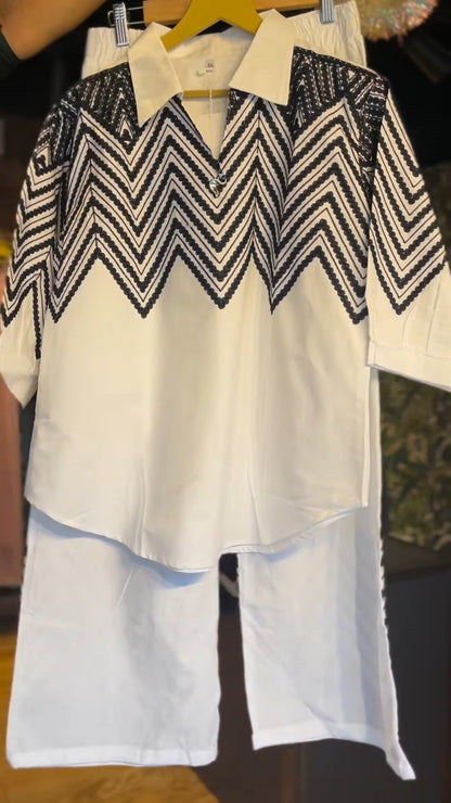 Monochrome Geometric Embroidered Co-ord Set in Crisp White