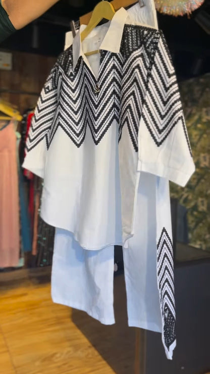Monochrome Geometric Embroidered Co-ord Set in Crisp White