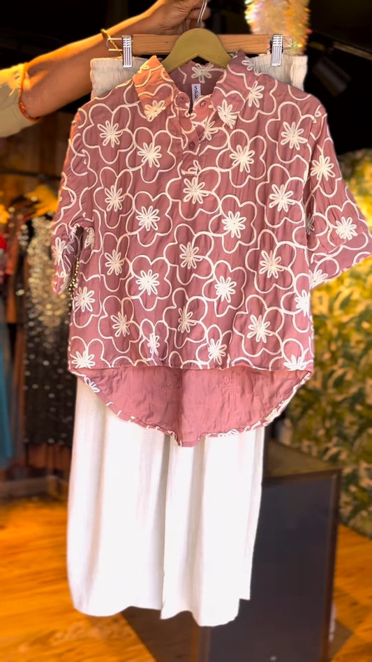 Blush Floral Embroidered Co-ord Set with Button-Detail Trousers